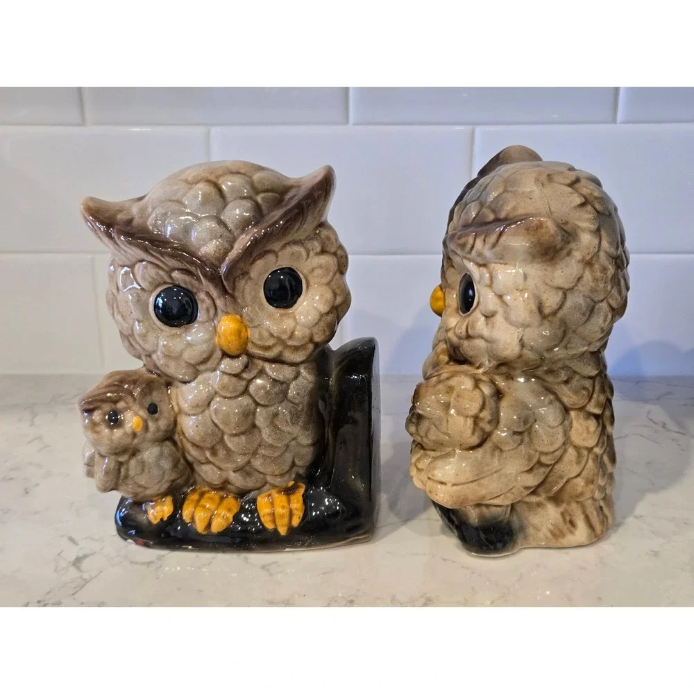 Unbranded Owl Bookends Unisex OS Brown Good Vintage Ceramic Mother Baby Set - Picture 9 of 13